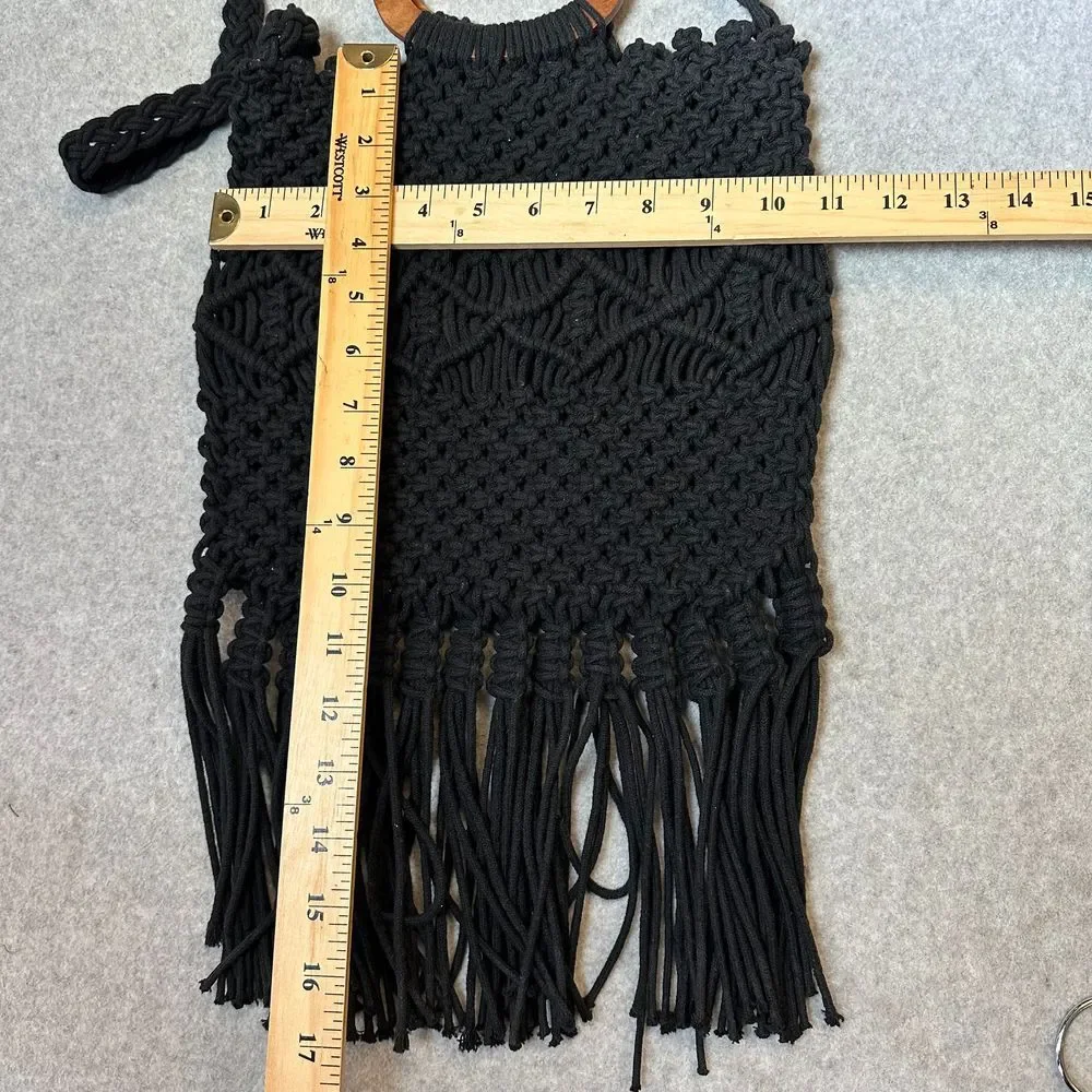 Danielle Nicole Boho Hippie Black Macrame Wooden Handle Crossbody fringe Bag‎